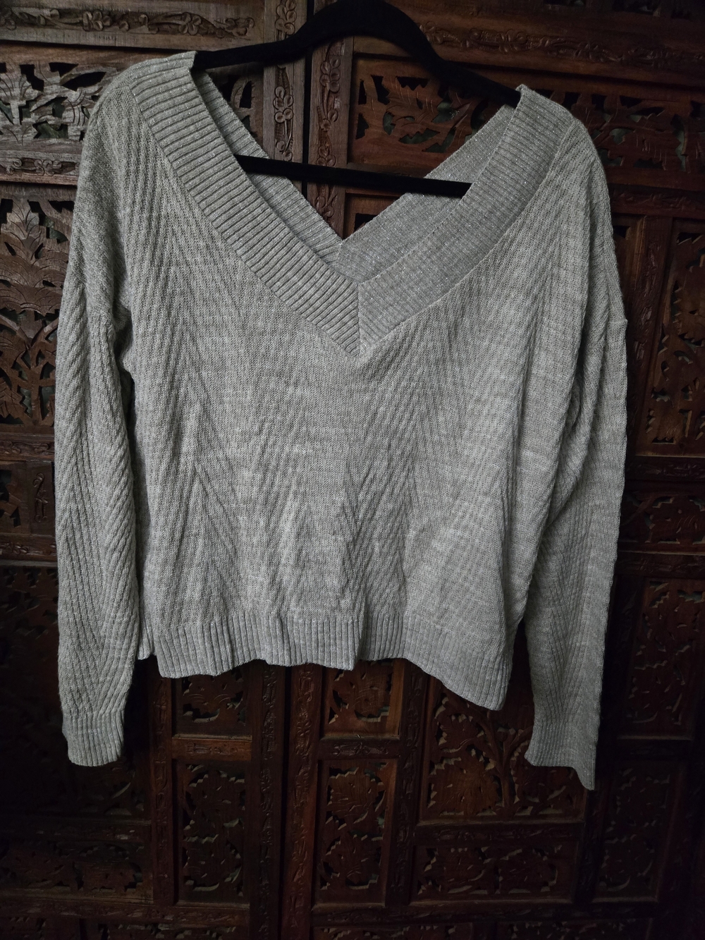 Maurices Light Gray Ribbed V-Neck Knotted Back Sweater